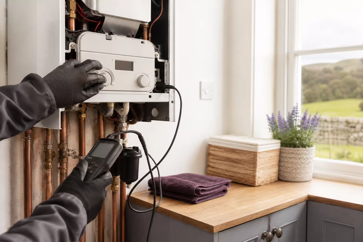 Professional safety and combustion checks on an LPG boiler